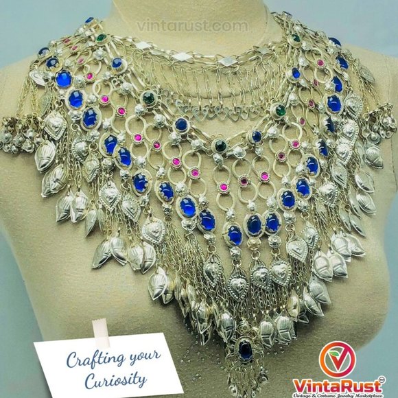 Gypsy Silver Kuchi Massive Choker Necklace With Blue Glass Stones, - Picture 2 of 7